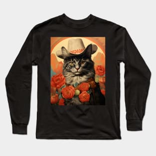 Retro Vintage Cowboy Maine Coon Cat - Whiskered Wild West Adventure Portrait Long Sleeve T-Shirt